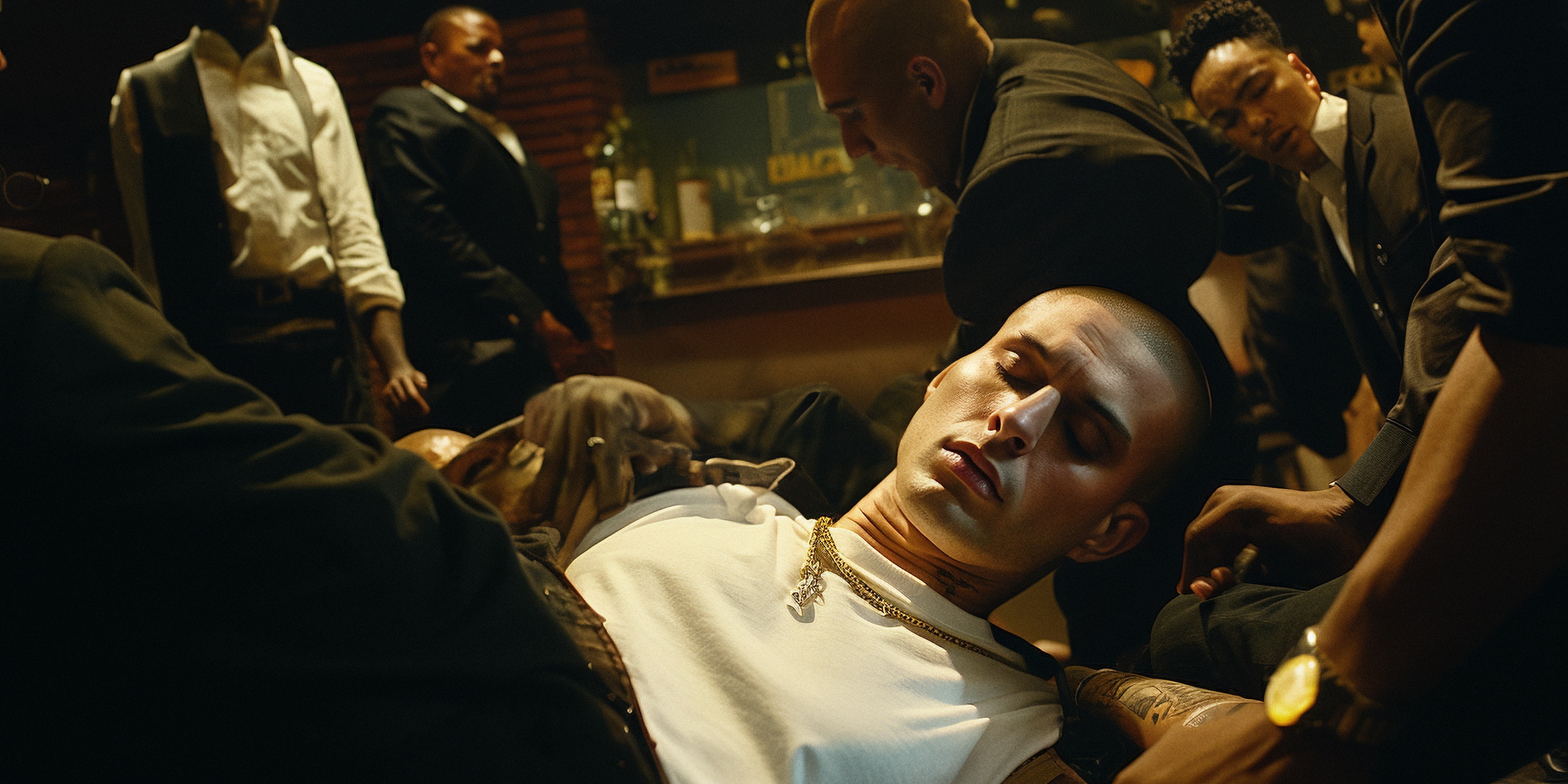 Gabby lying in the bar, surrounded by people.