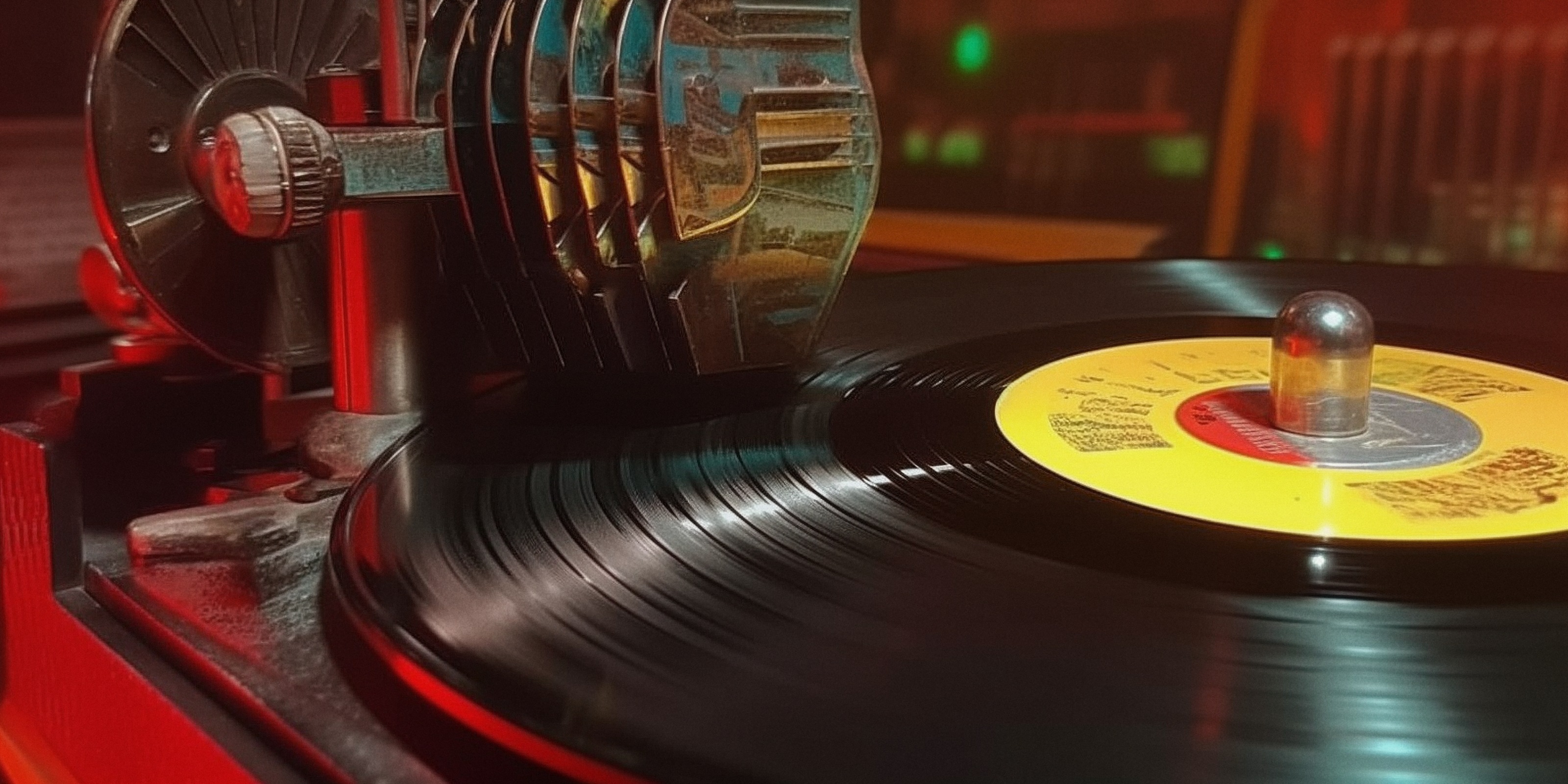A vinyl record turning on a jukebox.